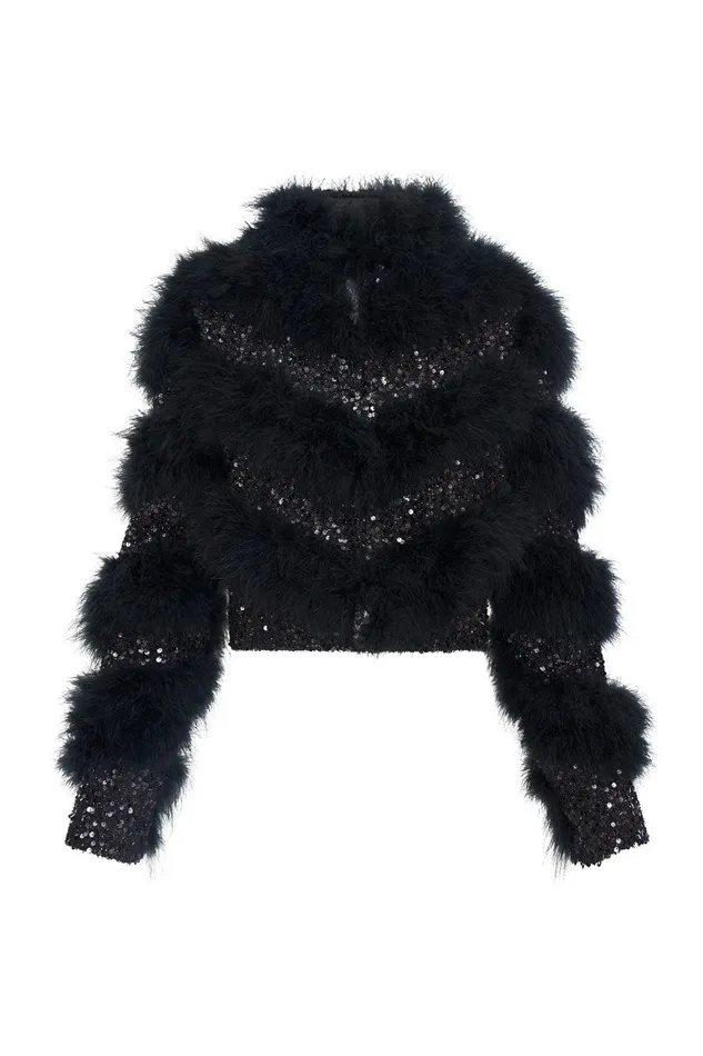 WomenKids Jackets and Coats LoveShackFancy Curran Sequin Feathered Jacket Black WomenKids Jackets and Coats LoveShackFancy Curran Sequin Feathered Jacket Black