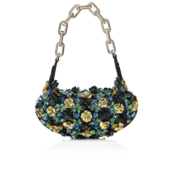 Women Le 54 Chain Bag 8211 Crepe Satin And Tropical Embroidery 8211 Black Christian Louboutin Clutches and Evening Bags