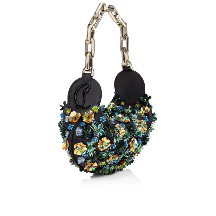 Women Le 54 Chain Bag 8211 Crepe Satin And Tropical Embroidery 8211 Black Christian Louboutin Clutches and Evening Bags