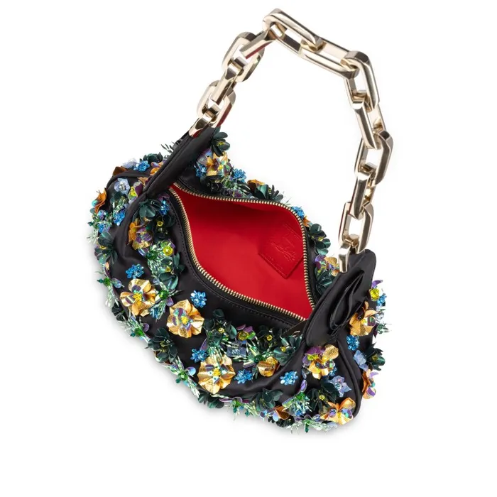 Women Le 54 Chain Bag 8211 Crepe Satin And Tropical Embroidery 8211 Black Christian Louboutin Clutches and Evening Bags