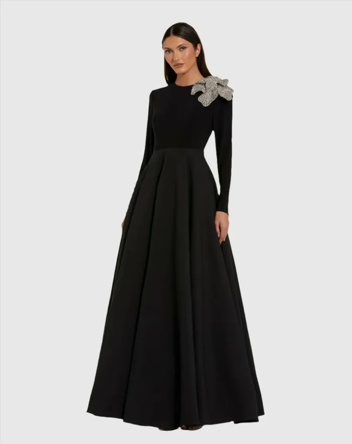 Women Long Sleeve Taffeta 3D Flower Ball Gown Black Best Sellers Mac Duggal