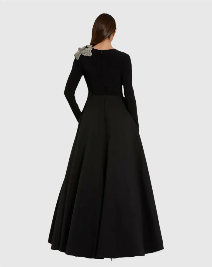 Women Long Sleeve Taffeta 3D Flower Ball Gown Black Best Sellers Mac Duggal