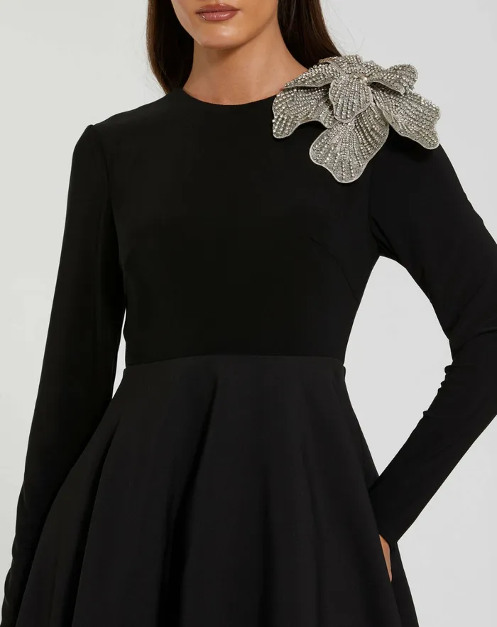 Women Long Sleeve Taffeta 3D Flower Ball Gown Black Best Sellers Mac Duggal