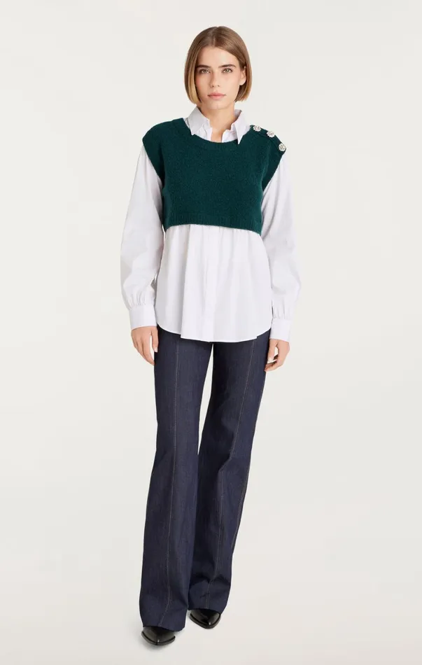 Women Long Sleeve Tops Cinq Sept Alden Pullover Green Onyxwhite