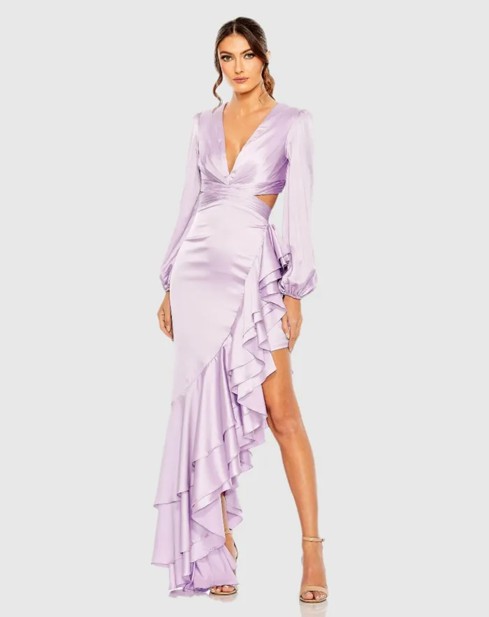 Women Mac Duggal Cut Out Asymmetrical Ruffled Gown Lilac Daytime Dresses