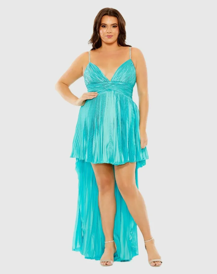 Women Mac Duggal Rhinestone High Low Pleated Gown Aqua Plus Size Dresses