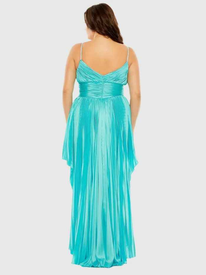 Women Mac Duggal Rhinestone High Low Pleated Gown Aqua Plus Size Dresses