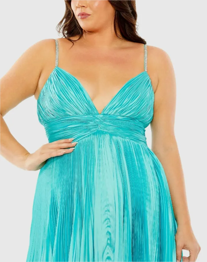 Women Mac Duggal Rhinestone High Low Pleated Gown Aqua Plus Size Dresses