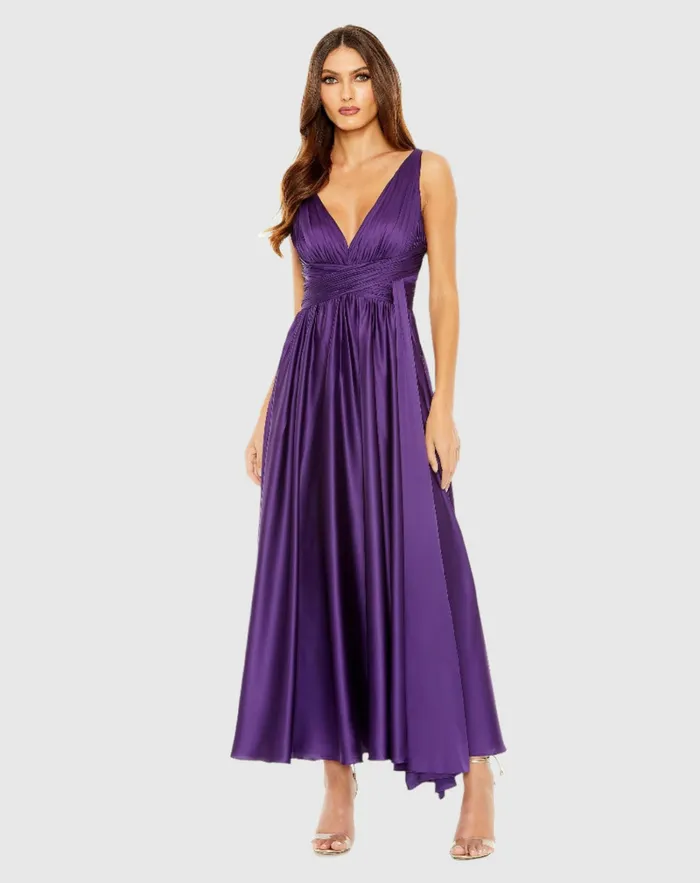 Women Mac Duggal Ruched Top Satin Pleated Tea Length Dress Purple Cocktail Dresses