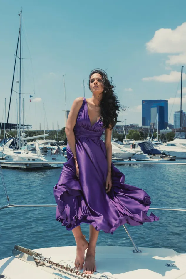 Women Mac Duggal Ruched Top Satin Pleated Tea Length Dress Purple Cocktail Dresses