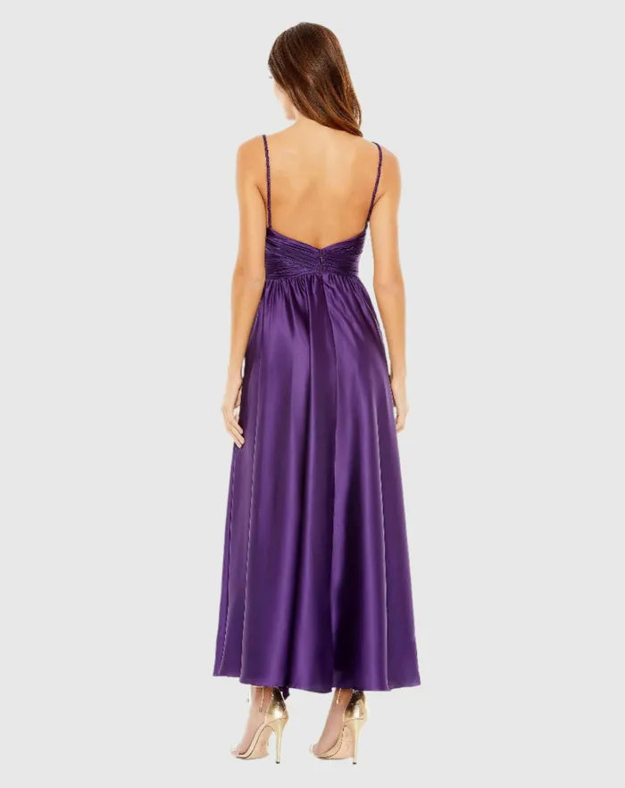 Women Mac Duggal Ruched Top Satin Pleated Tea Length Dress Purple Cocktail Dresses