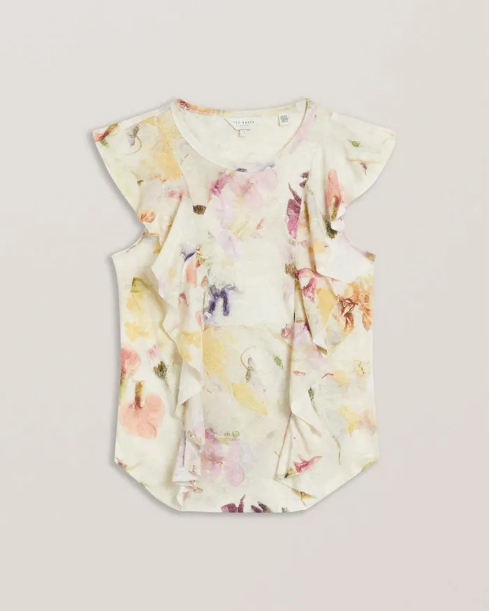 Women MARETAA 8211 Frill Trim Floral Cotton Linen Top White Ted Baker Tops and Blouses