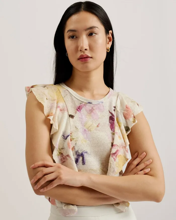 Women MARETAA 8211 Frill Trim Floral Cotton Linen Top White Ted Baker Tops and Blouses
