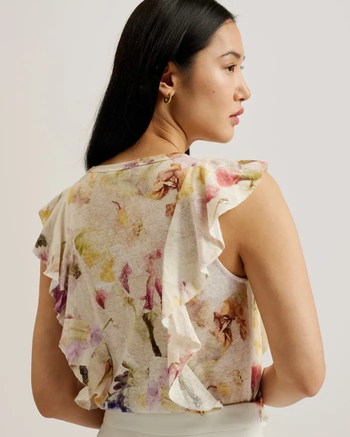 Women MARETAA 8211 Frill Trim Floral Cotton Linen Top White Ted Baker Tops and Blouses