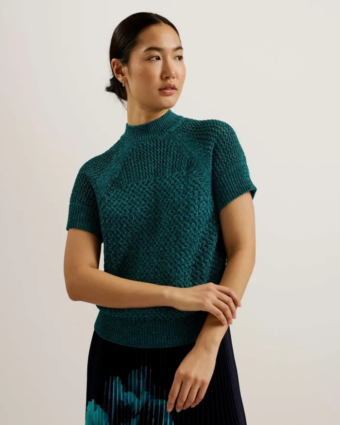 Women MATILDR 8211 Metallic Mock Neck Knitted Top Green Ted Baker Tops and Blouses Women MATILDR 8211 Metallic Mock Neck Knitted Top Green Ted Baker Tops and Blouses