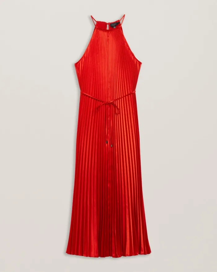 Women MELIKE 8211 Satin Pleated Halterneck Midi Dress Red Ted Baker Dresses