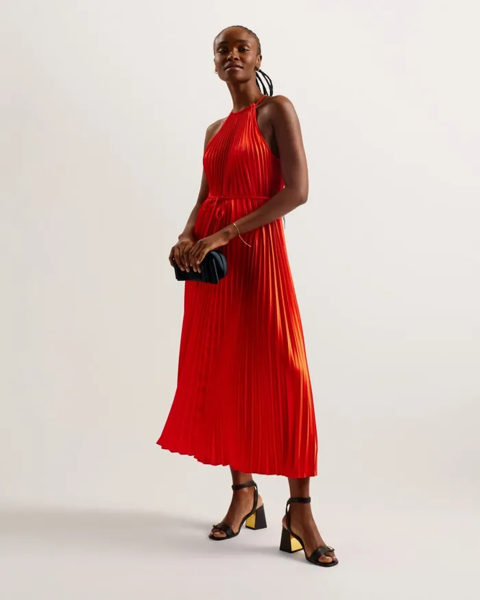 Women MELIKE 8211 Satin Pleated Halterneck Midi Dress Red Ted Baker Dresses Women MELIKE 8211 Satin Pleated Halterneck Midi Dress Red Ted Baker Dresses