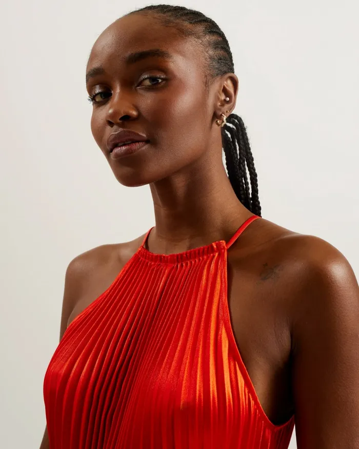 Women MELIKE 8211 Satin Pleated Halterneck Midi Dress Red Ted Baker Dresses Women MELIKE 8211 Satin Pleated Halterneck Midi Dress Red Ted Baker Dresses