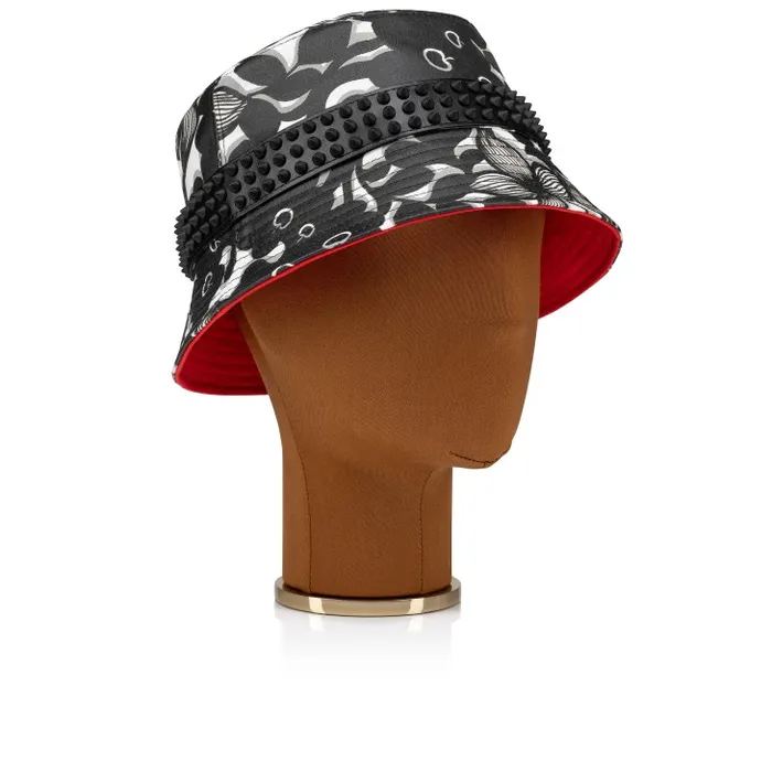 WomenMen Bobino Spikes Bucket Hat 8211 Petunia Printed Cotton And Spikes 8211 Black Christian Louboutin Hats