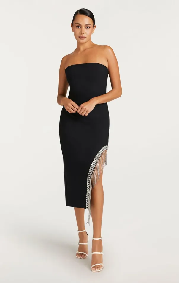 Women Midi Cinq Sept Rhinestone Fringe Sammy Dress Black