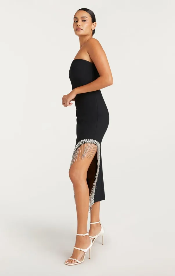 Women Midi Cinq Sept Rhinestone Fringe Sammy Dress Black