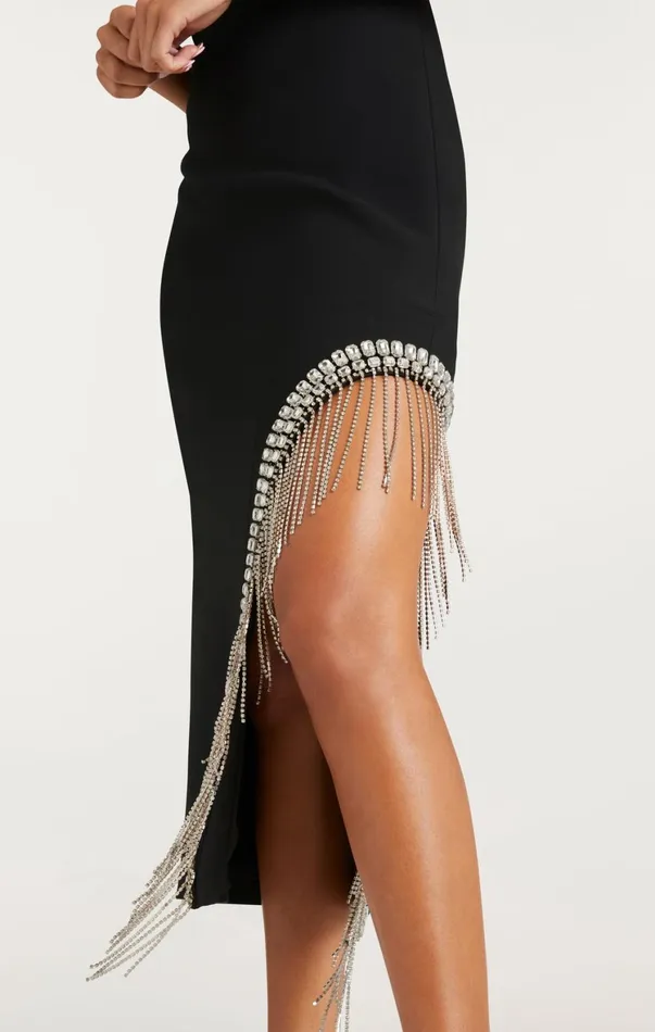 Women Midi Cinq Sept Rhinestone Fringe Sammy Dress Black