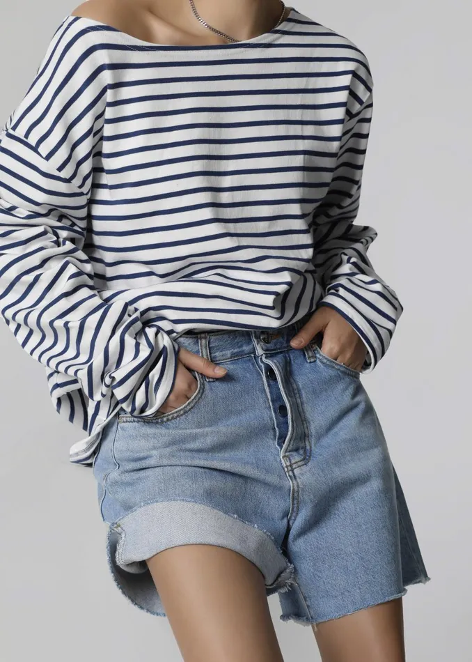 Women Neha Cropped Top 8211 Navy Stripe The Frankie Shop Tops