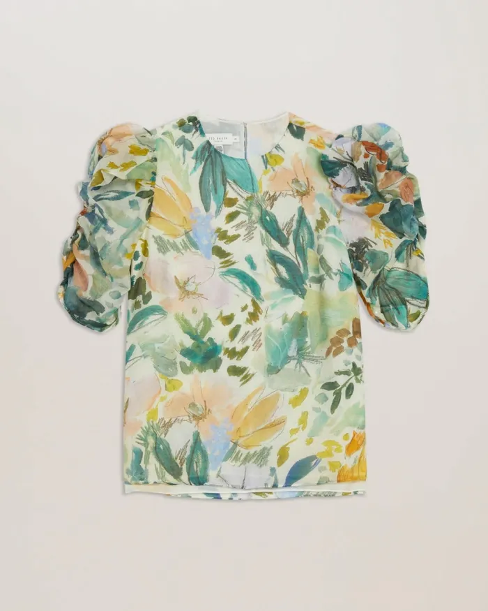 Women OASIA 8211 Pleated Puff Sleeve Floral Print Top Ivory Ted Baker Tops and Blouses