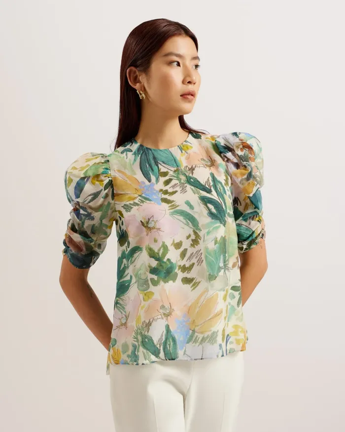 Women OASIA 8211 Pleated Puff Sleeve Floral Print Top Ivory Ted Baker Tops and Blouses