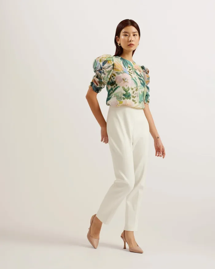 Women OASIA 8211 Pleated Puff Sleeve Floral Print Top Ivory Ted Baker Tops and Blouses