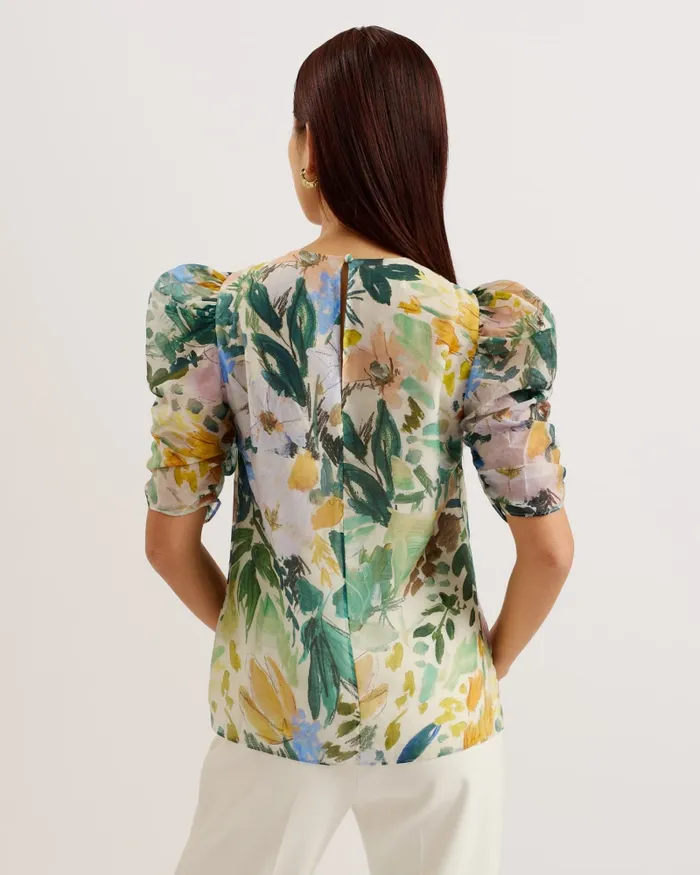 Women OASIA 8211 Pleated Puff Sleeve Floral Print Top Ivory Ted Baker Tops and Blouses