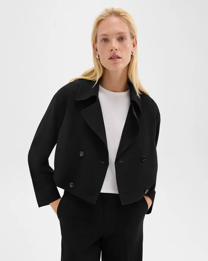 Women Outerwear Theory DoubleBreasted Crop Trench In Admiral Crepe Black