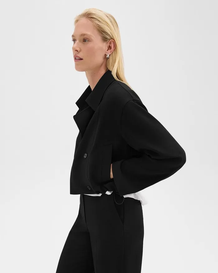 Women Outerwear Theory DoubleBreasted Crop Trench In Admiral Crepe Black