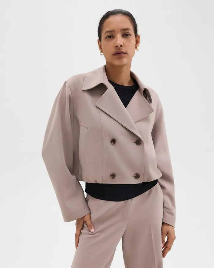 Women Outerwear Theory DoubleBreasted Crop Trench In Admiral Crepe Cinder