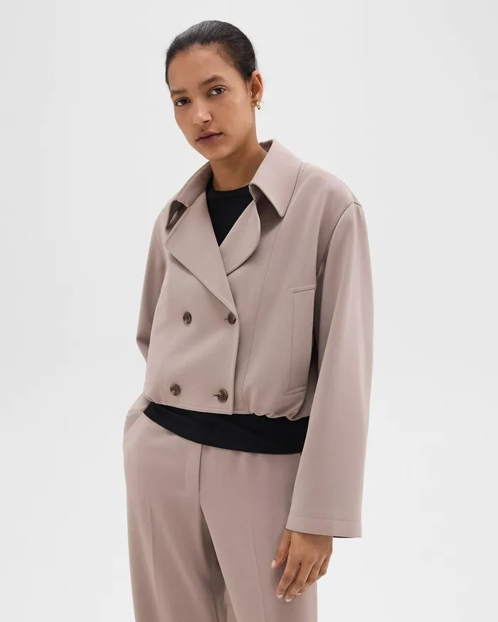 Women Outerwear Theory DoubleBreasted Crop Trench In Admiral Crepe Cinder