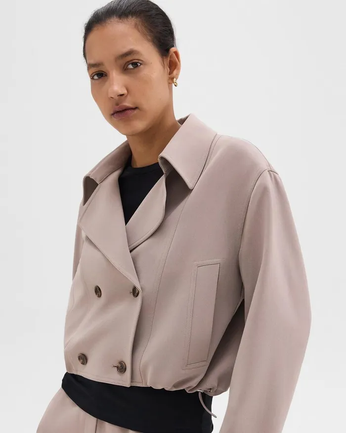 Women Outerwear Theory DoubleBreasted Crop Trench In Admiral Crepe Cinder