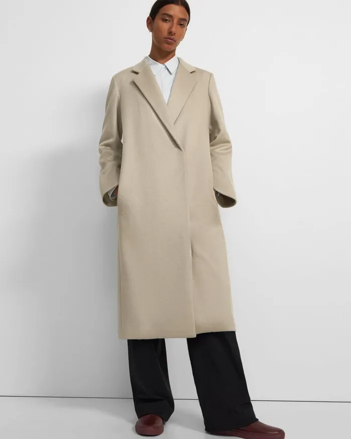 Women Outerwear Theory Long Double Breasted Coat In Cashmere Oatmeal Melange