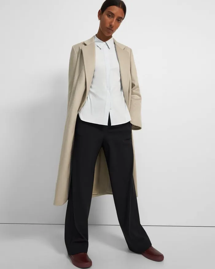 Women Outerwear Theory Long Double Breasted Coat In Cashmere Oatmeal Melange