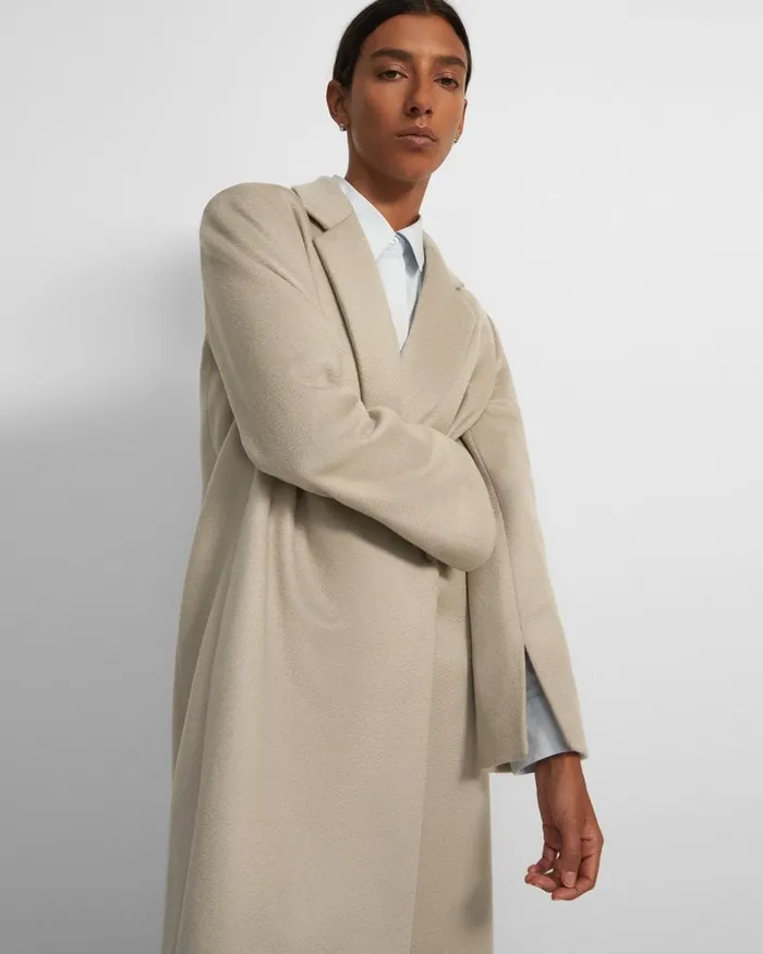 Women Outerwear Theory Long Double Breasted Coat In Cashmere Oatmeal Melange