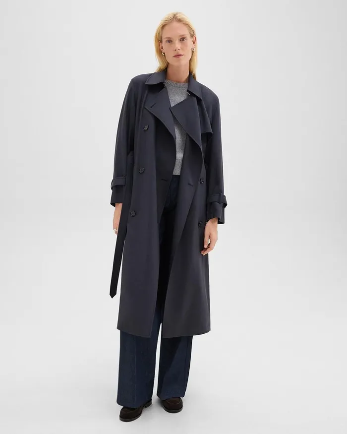 Women Outerwear Theory Relaxed Trench Coat In Stretch Flannel Dark Navy