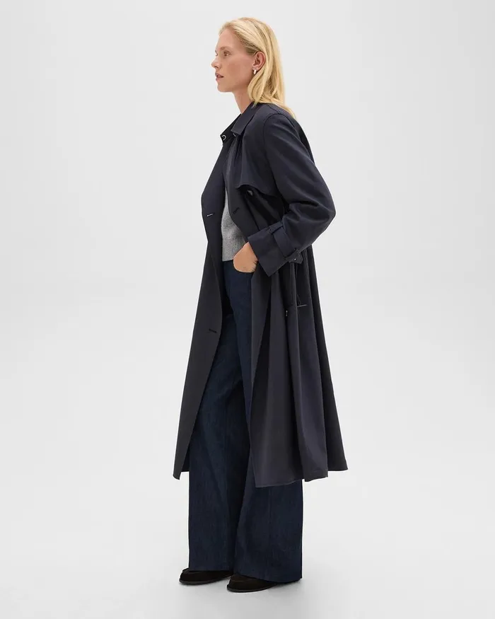 Women Outerwear Theory Relaxed Trench Coat In Stretch Flannel Dark Navy