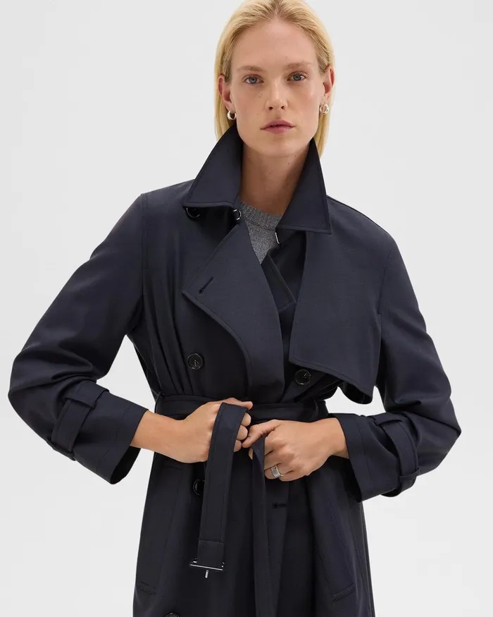 Women Outerwear Theory Relaxed Trench Coat In Stretch Flannel Dark Navy