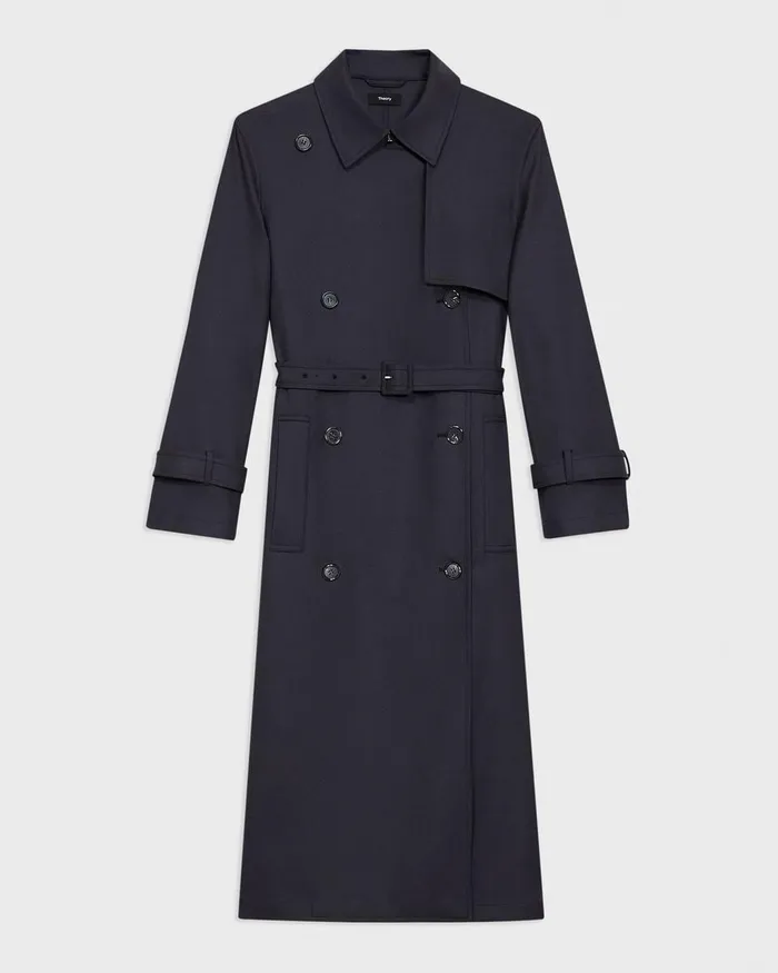 Women Outerwear Theory Relaxed Trench Coat In Stretch Flannel Dark Navy