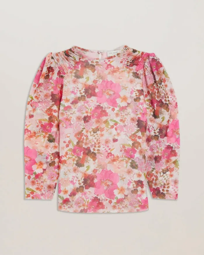 Women RAELEY 8211 Floral Gathered Shoulder Mesh Top Pink Ted Baker Tops and Blouses