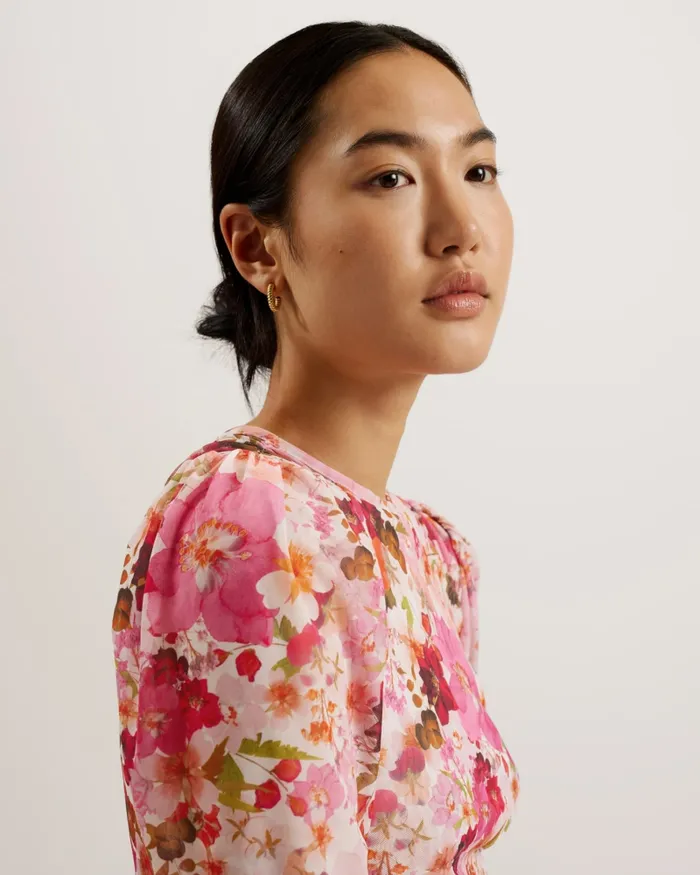 Women RAELEY 8211 Floral Gathered Shoulder Mesh Top Pink Ted Baker Tops and Blouses Women RAELEY 8211 Floral Gathered Shoulder Mesh Top Pink Ted Baker Tops and Blouses