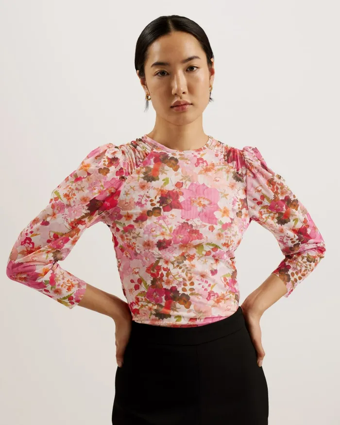 Women RAELEY 8211 Floral Gathered Shoulder Mesh Top Pink Ted Baker Tops and Blouses Women RAELEY 8211 Floral Gathered Shoulder Mesh Top Pink Ted Baker Tops and Blouses