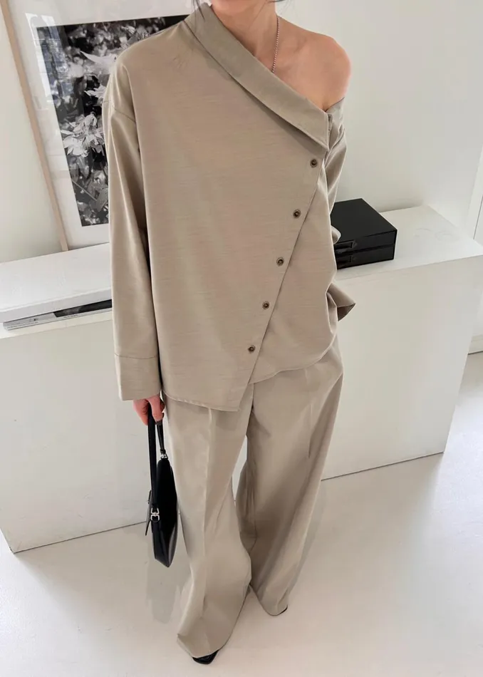 Women Roan Asymmetric Button Up Blouse 8211 Beige The Frankie Shop Tops