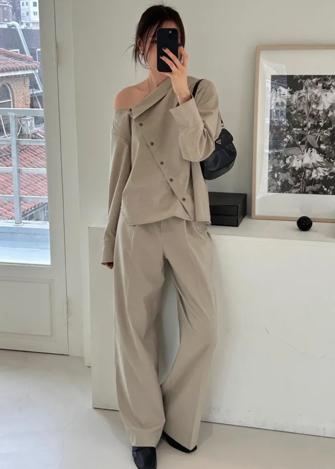 Women Roan Asymmetric Button Up Blouse 8211 Beige The Frankie Shop Tops