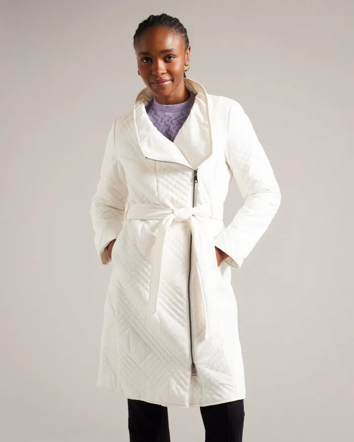 Women ROSEMAE 8211 Midi Quilted Wrap Coat With High Collar Ivory Ted Baker Coats and Jackets
