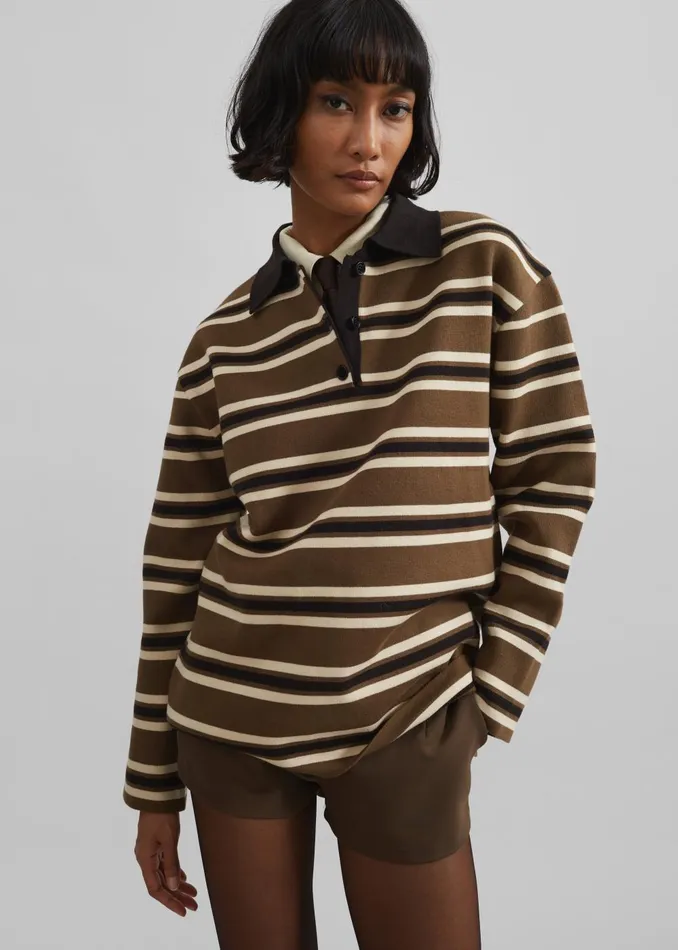 Women Royan Striped Polo 8211 Khaki Multi Stripe The Frankie Shop Knitwear
